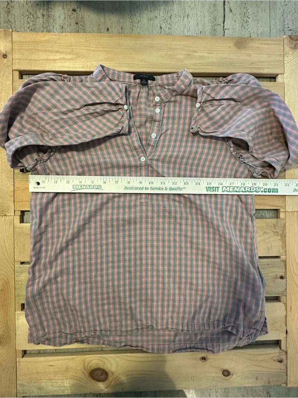 J.crew Puff-sleeve top in field check flannel pink & green size medium